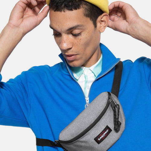 man wearing Springer Sunday Grey Fanny Pack