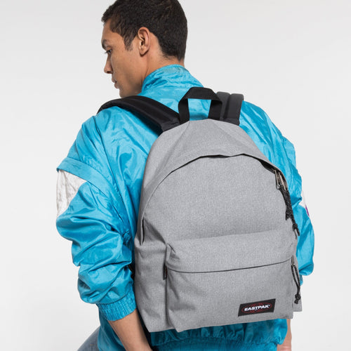 Padded Pak'r Sunday Grey Backpack Front View On Model's Back