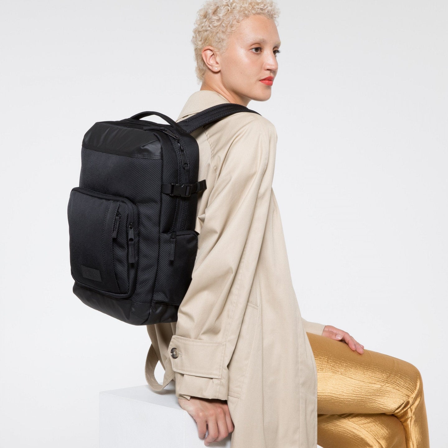 Tecum S Cnnct Coat Professional Backpack Front View Over Shoulder of Model