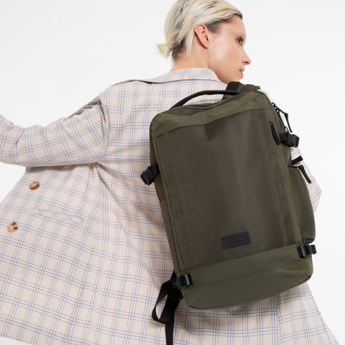 Tecum M Cnnct Khaki Professional Backpack Front View Over Shoulder of Model