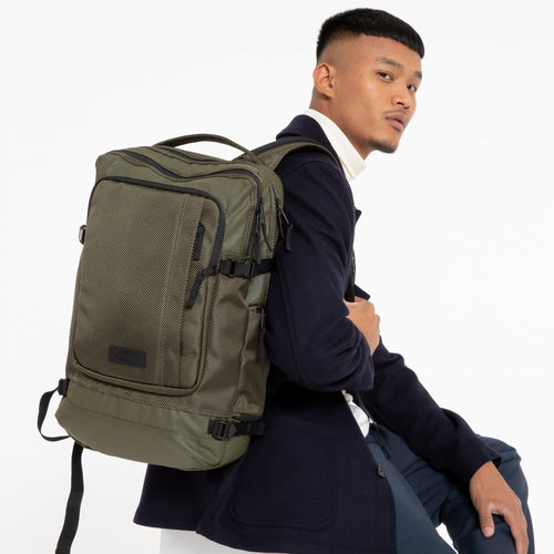 Tecum L Cnnct Khaki Professional Backpack Front View Over Shoulder of Model