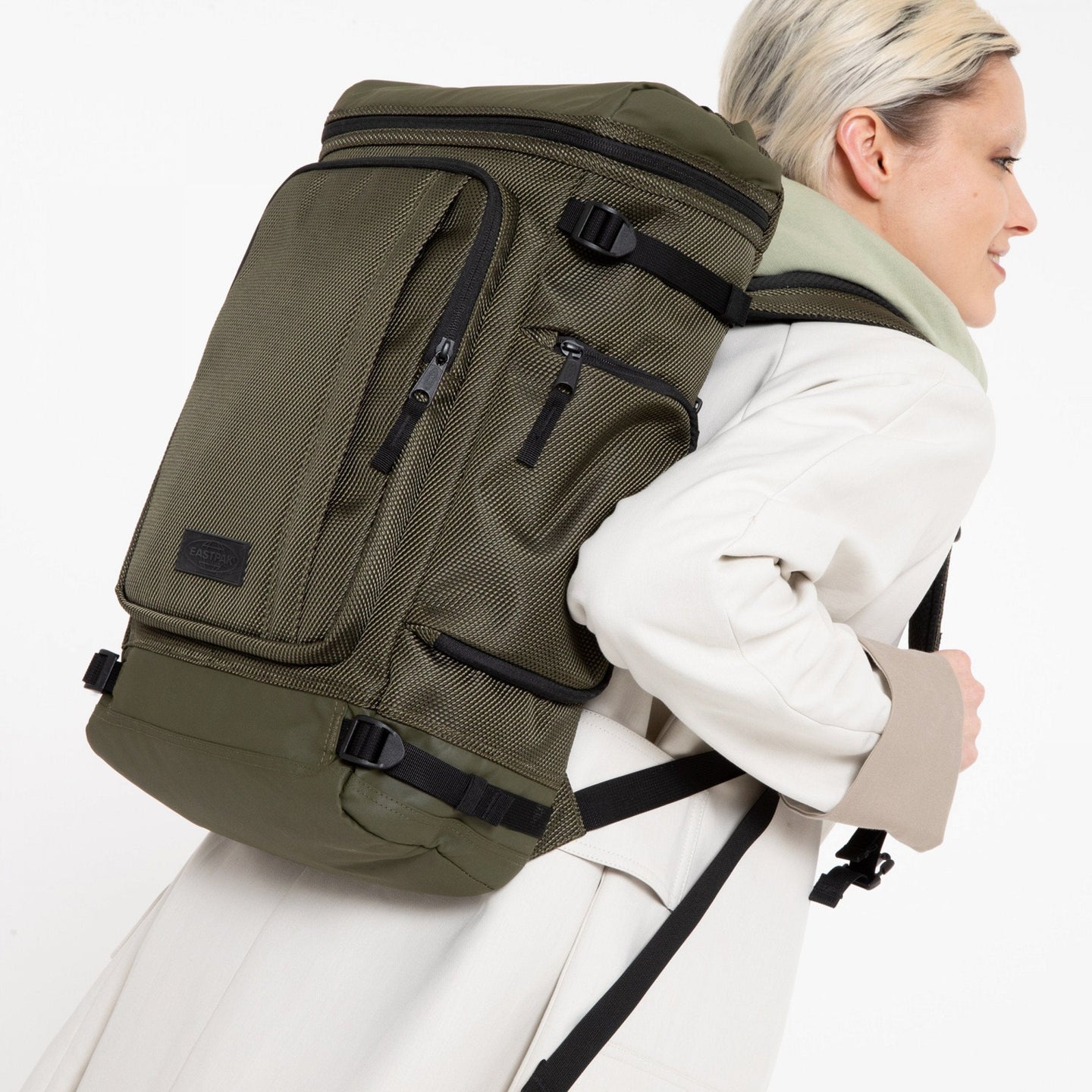Tecum Top Cnnct Khaki Professional Backpack Side View On Model's Back