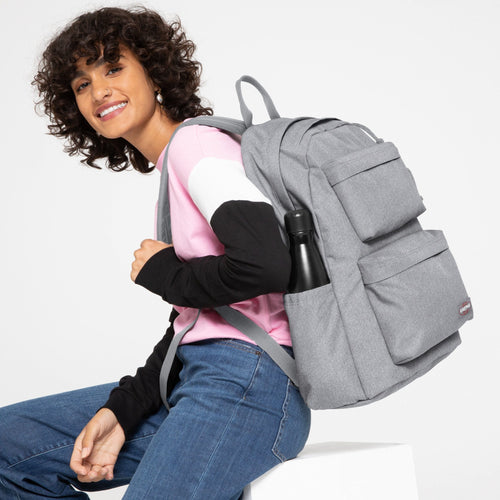 woman wearing Padded Double Sunday Grey Backpack