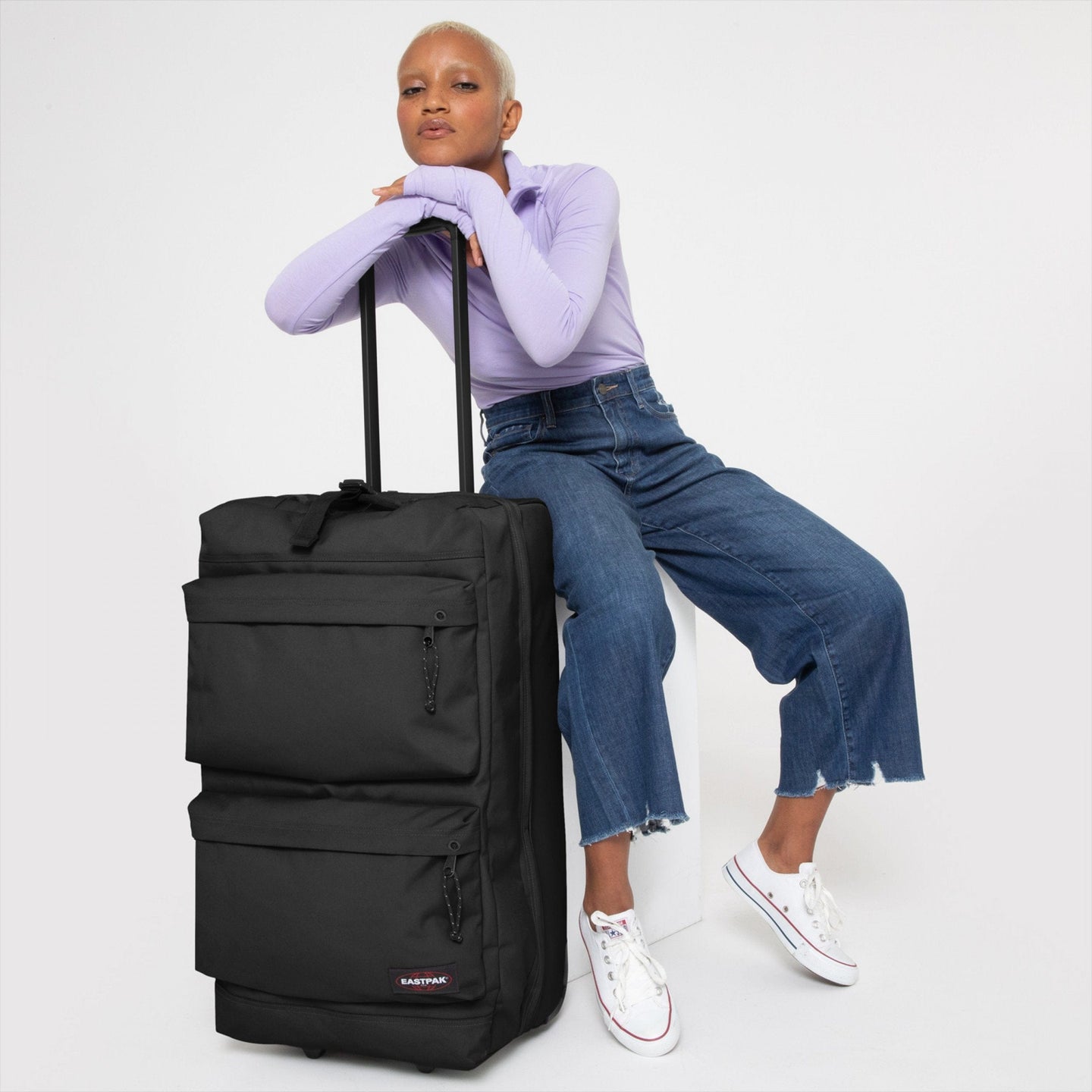  Eastpak Tranverz L - Suitcase with Wheels - Rolling Luggage  for Travel with TSA Lock, 2 Wheels, 2 Compartments, and Compression Straps  - Black Denim